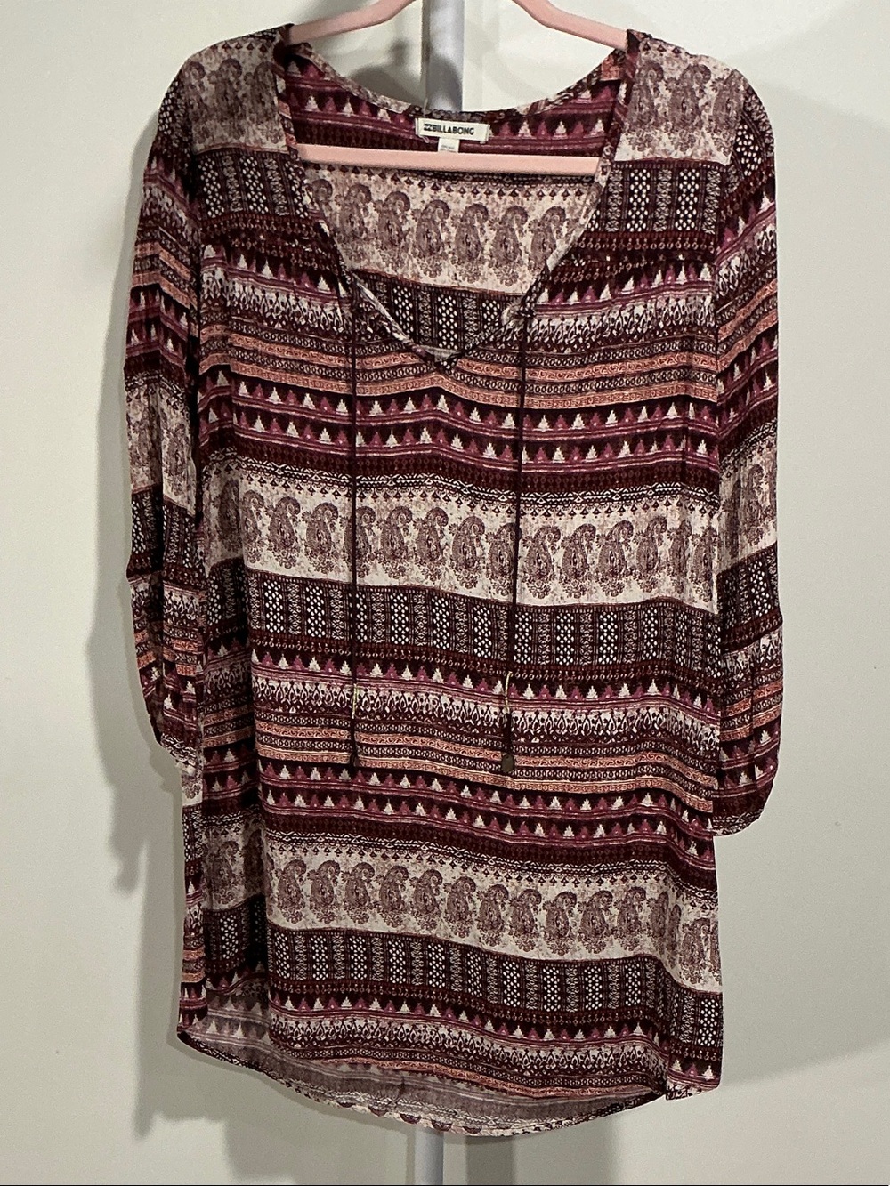 Billabong Women's Burgundy Pink Patterned Peasant Tunic
